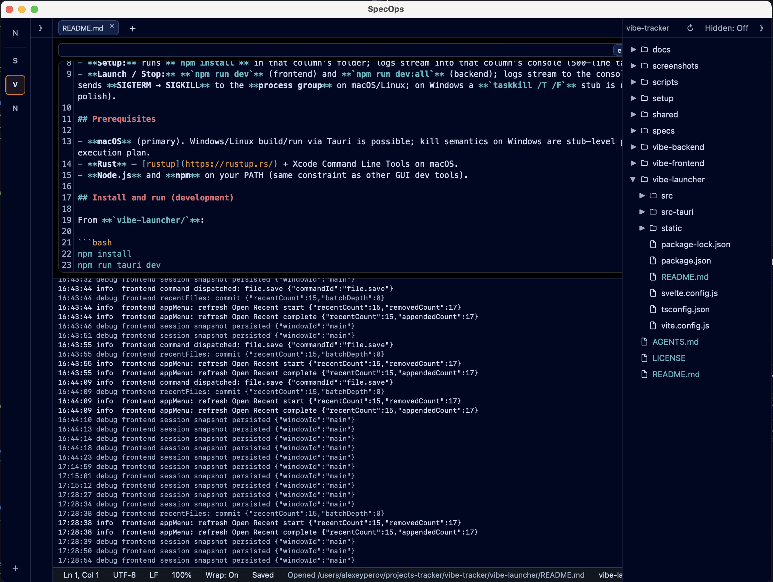 SpecOps logs panel