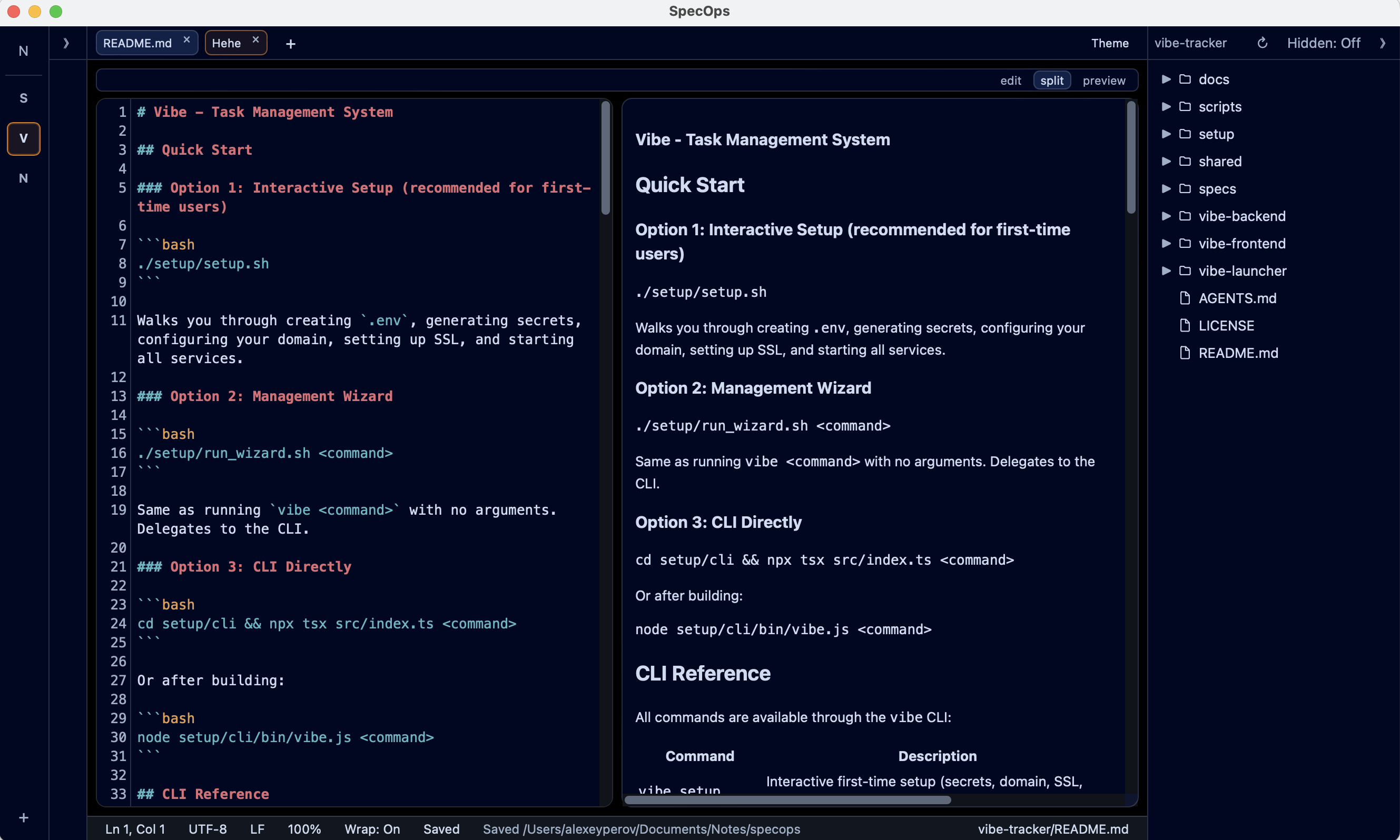 SpecOps split view with markdown editor and AI chat panel