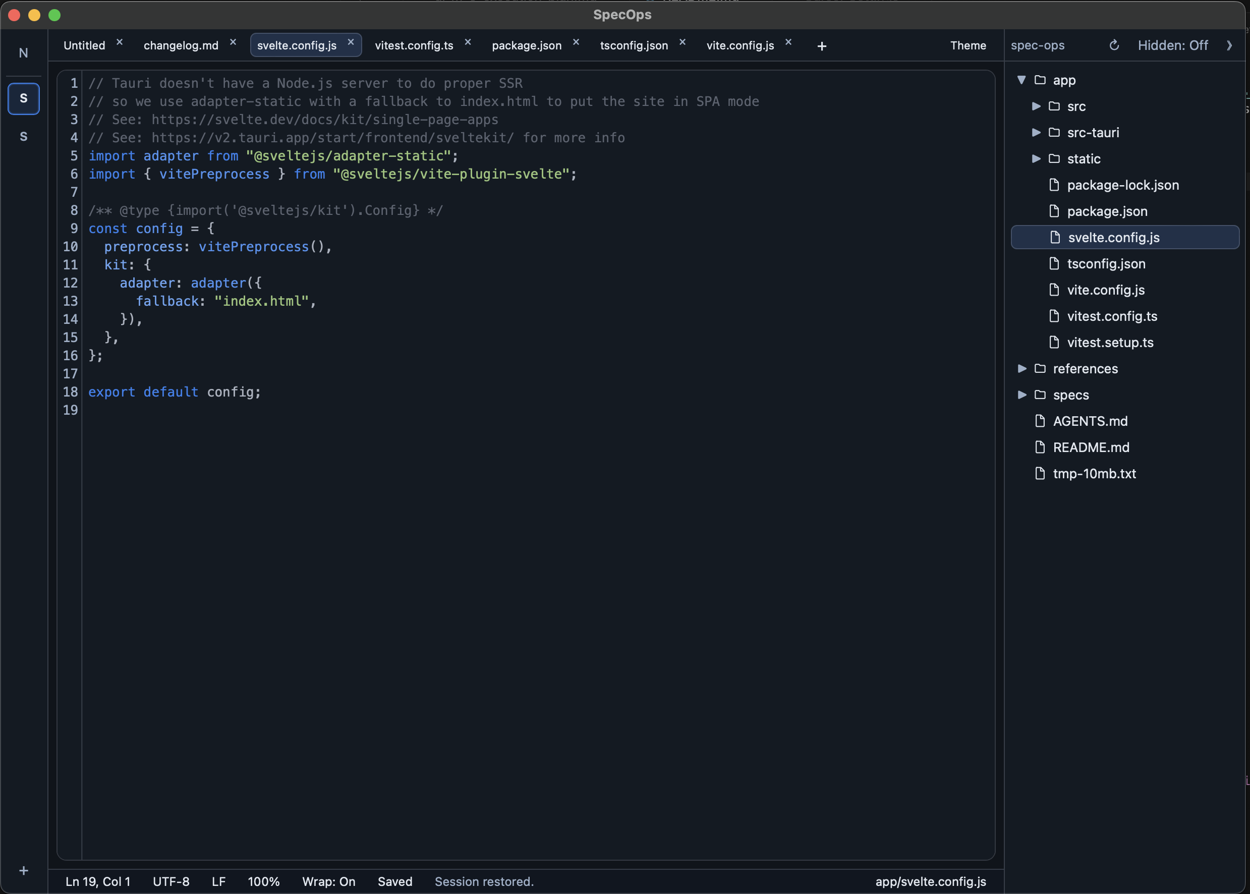 SpecOps main workspace with editor tabs and project panel
